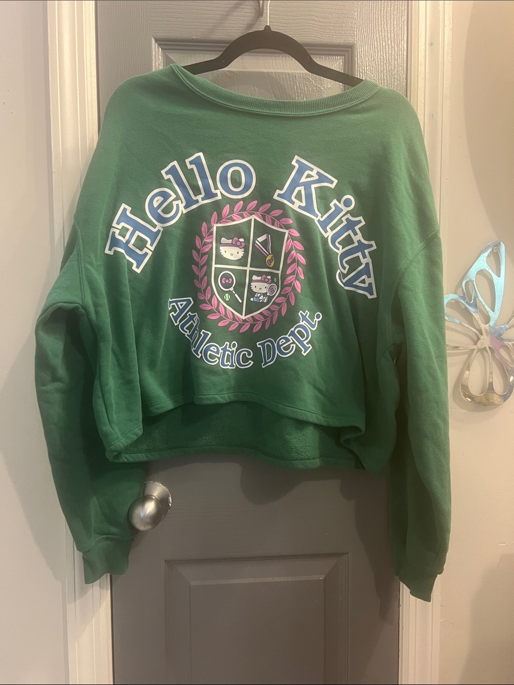 Hello Kitty Green Cropped Crewneck Sweater with Collegiate Crest